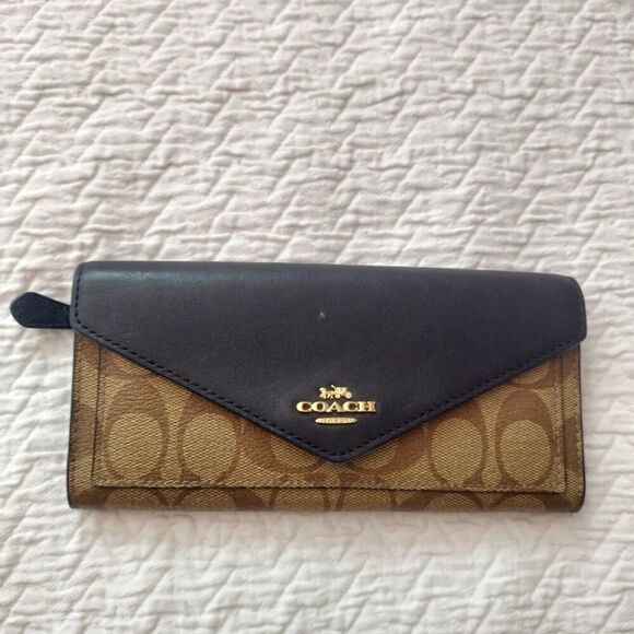 Coach Slim Envelop Leather Wallet Signature in Khaki/Black, #3034 - Picture 1 of 8